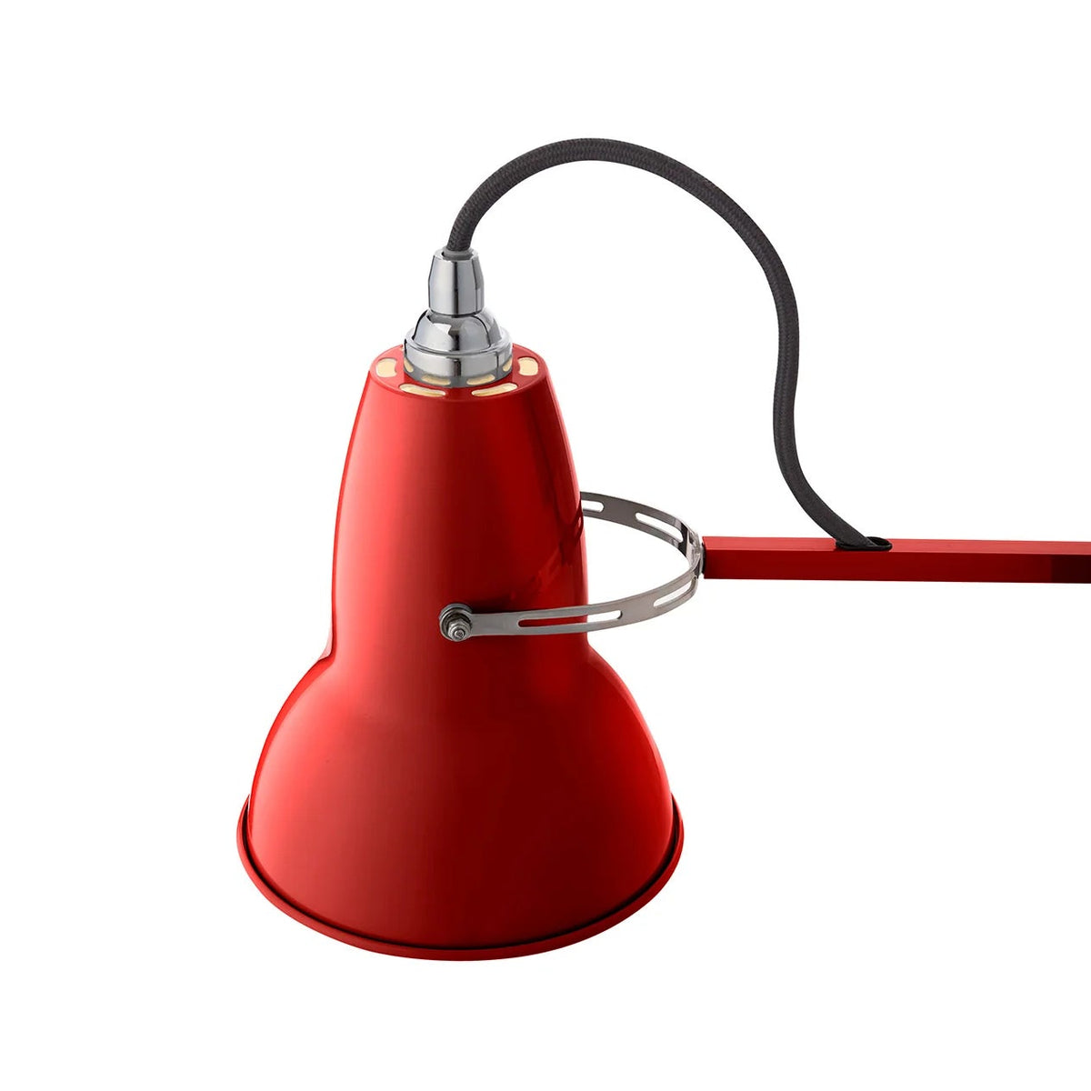Red lamp with a black cord on a white background
