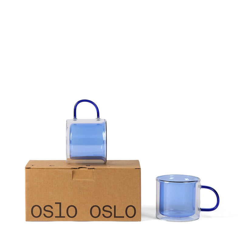 Oslo Blue Mug Set of 2 - the set of 2 and its box.