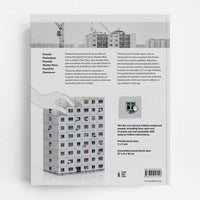 Back cover of Panelki model book featruing an illustration of a brutalist building.
