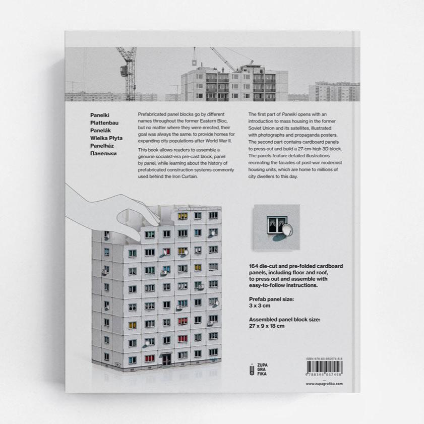 Back cover of Panelki model book featruing an illustration of a brutalist building.