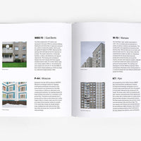 Open page of Panelki book featuring photographs of various Brutalist buildings.
