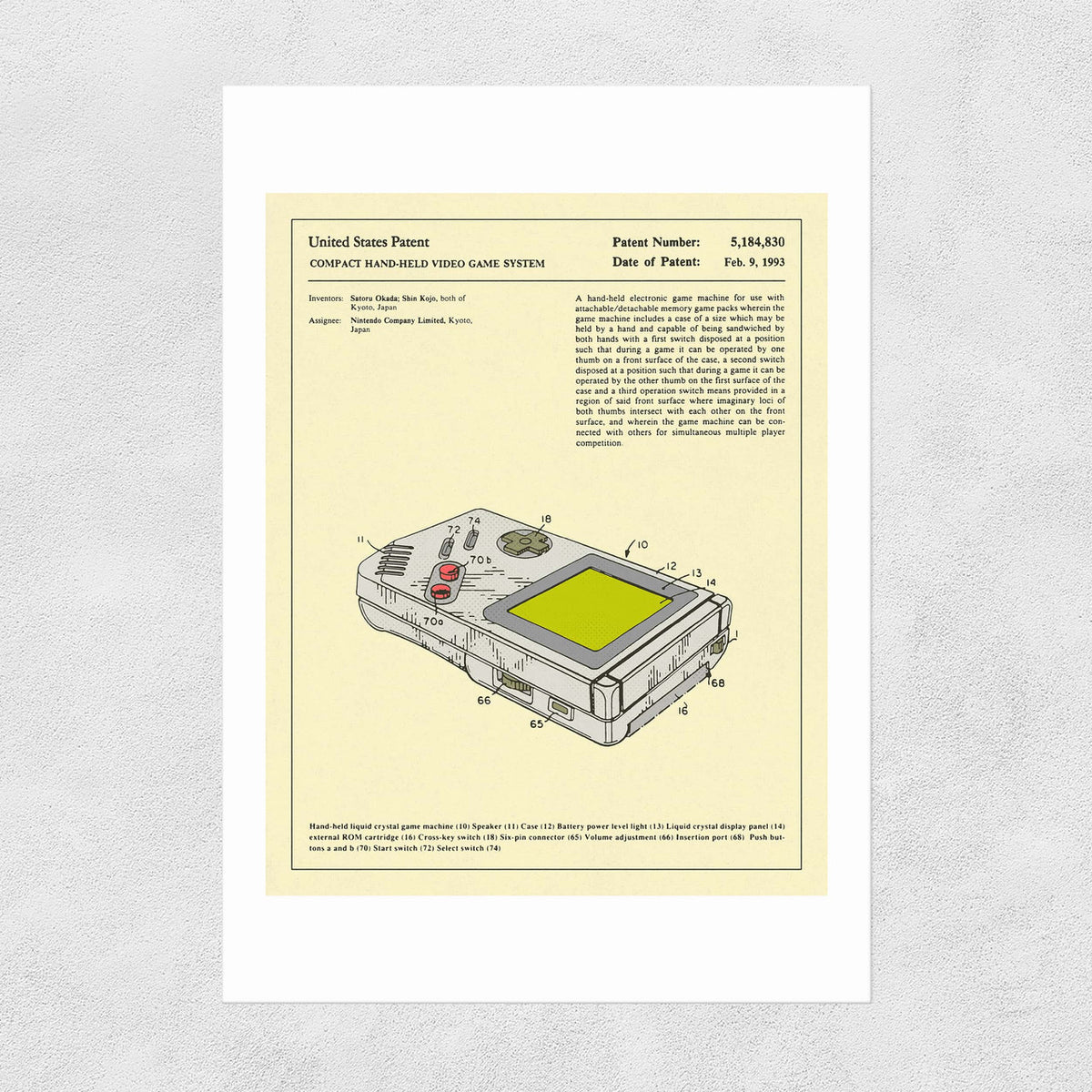 A patent print showcasing a illustration of a classic United States Nintendo Gameboy, placed on a white background.