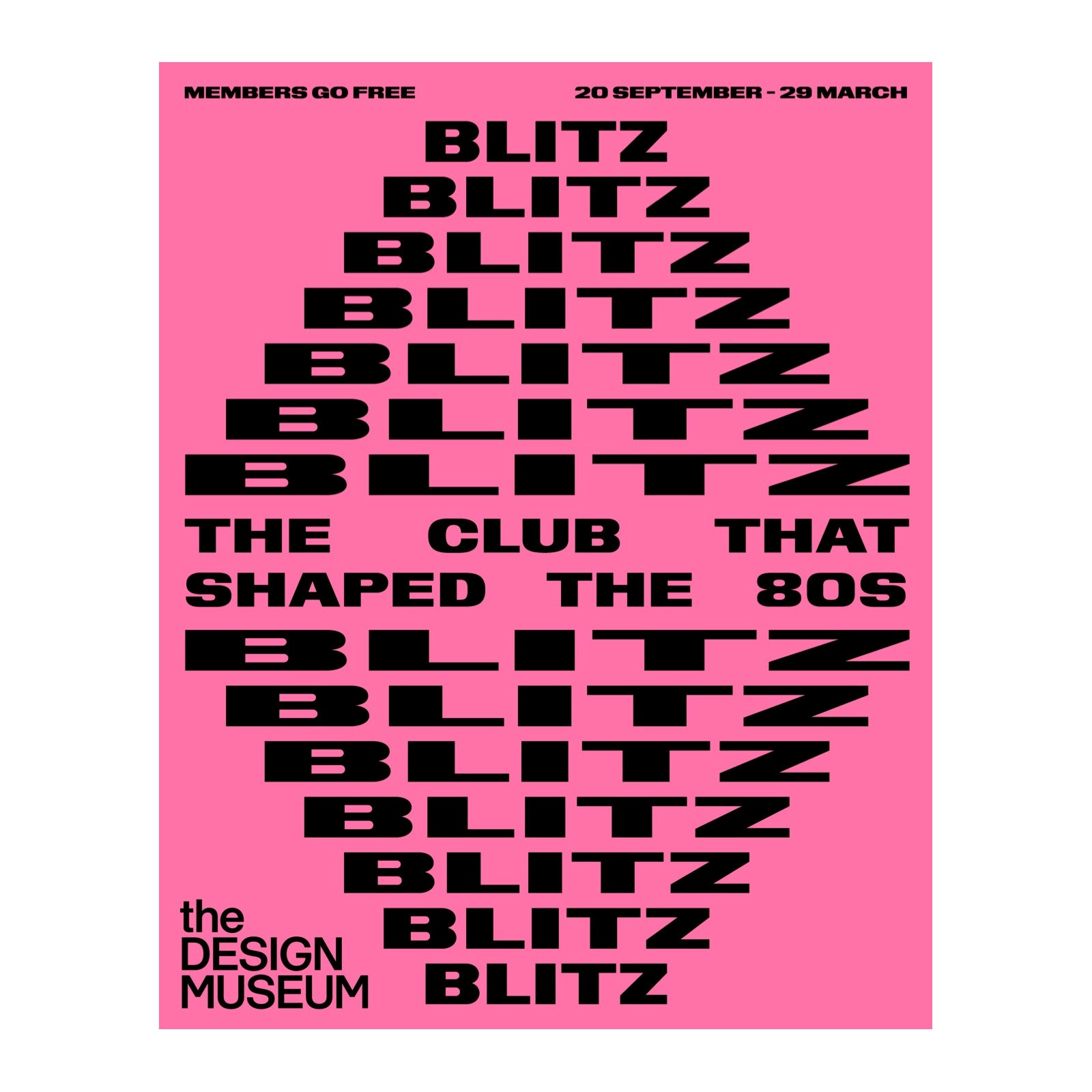 Pink poster with black text about a club exhibition at The Design Museum