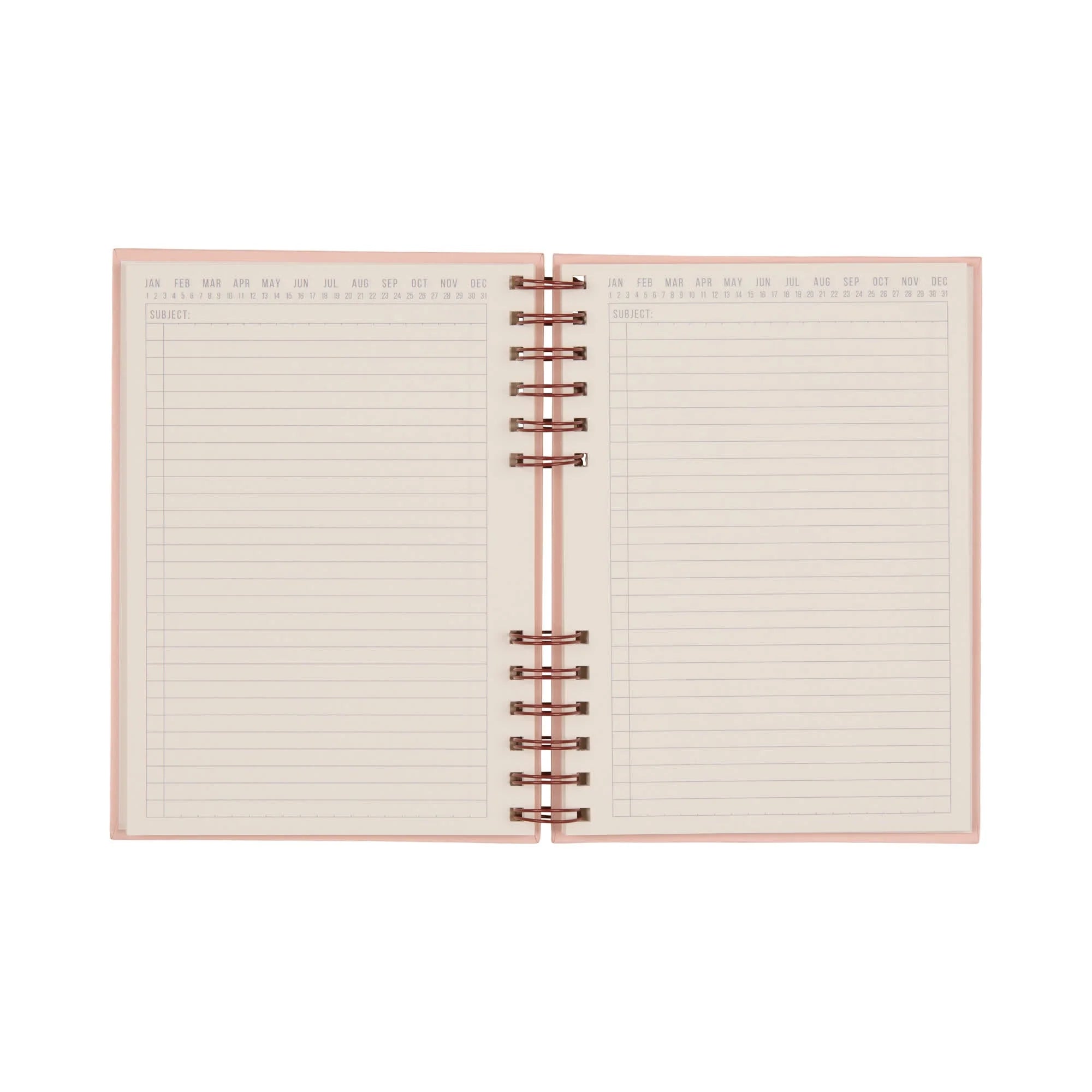 Open pink notebook with red spiral binding and lined pages on a white background