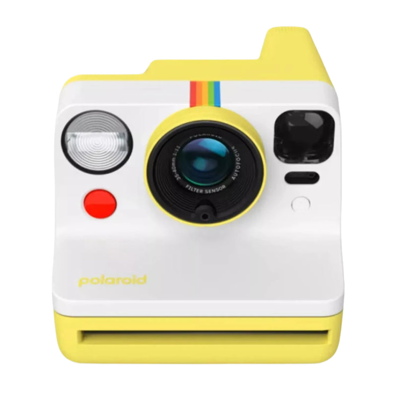 A yellow and white Polaroid camera on a white background