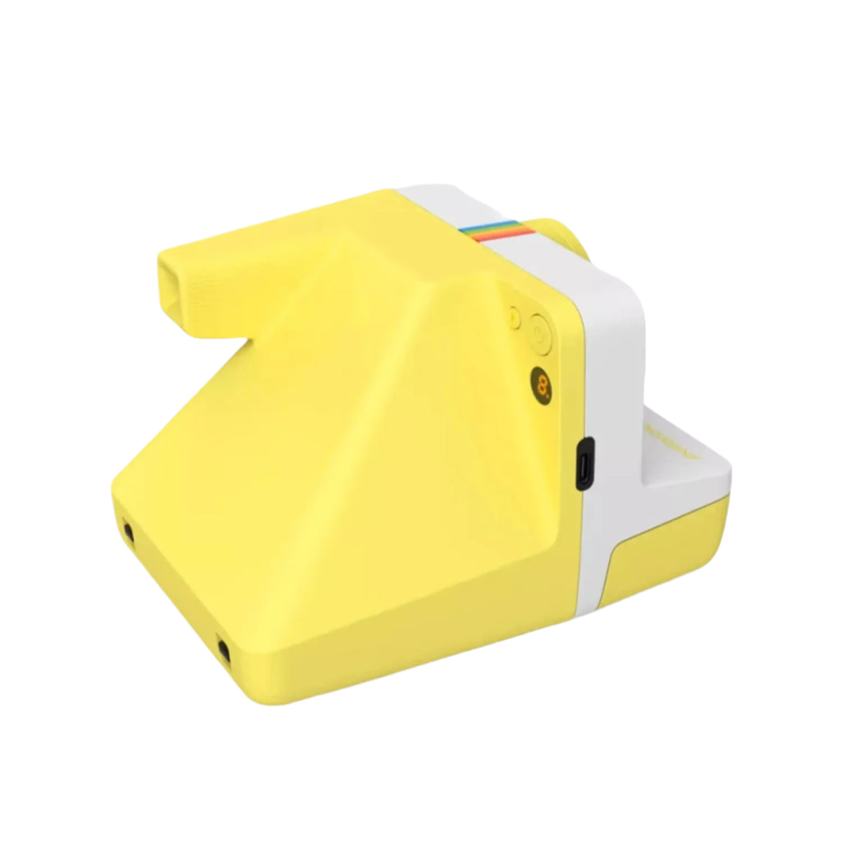 The back of a yellow and white polaroid camera on a white background