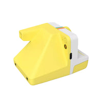 The back of a yellow and white polaroid camera on a white background