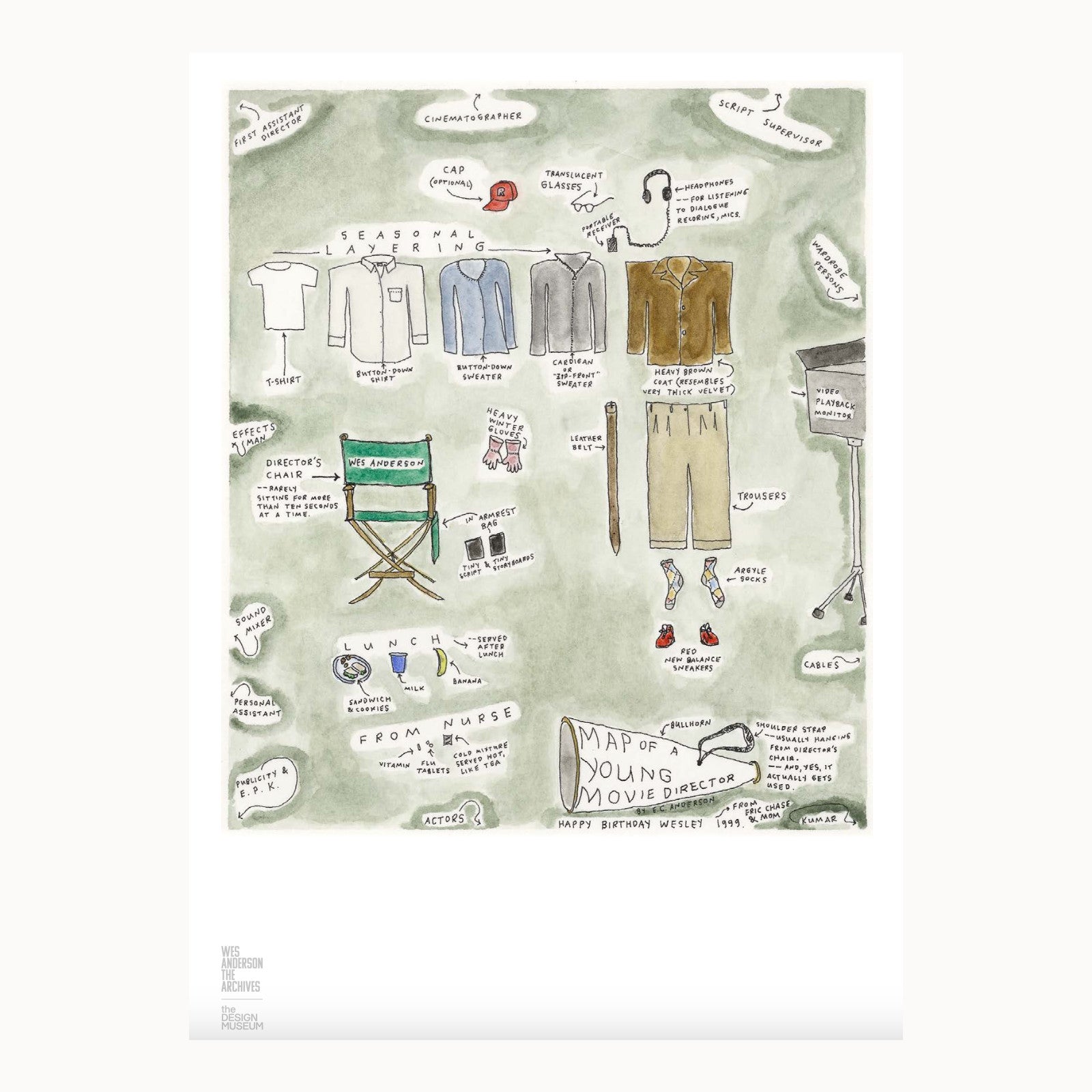 Illustrated elements of a director's daily outfit and accessories