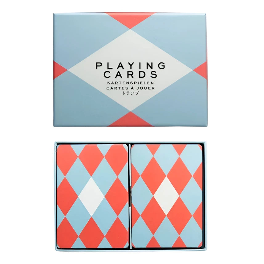 Red and blue playing cards with diagonal pattern below a matching box. 