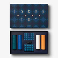 A navy blue poker set and box on a white background 