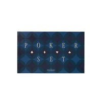 Poker set packaging with blue geometric pattern and 'POKER SET' text on a white background