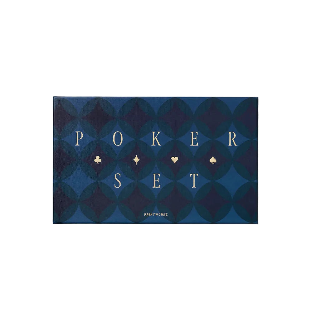 Poker set packaging with blue geometric pattern and 'POKER SET' text on a white background