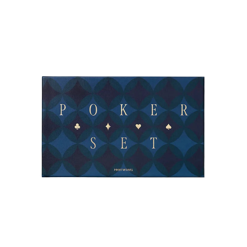 Poker set packaging with blue geometric pattern and 'POKER SET' text on a white background
