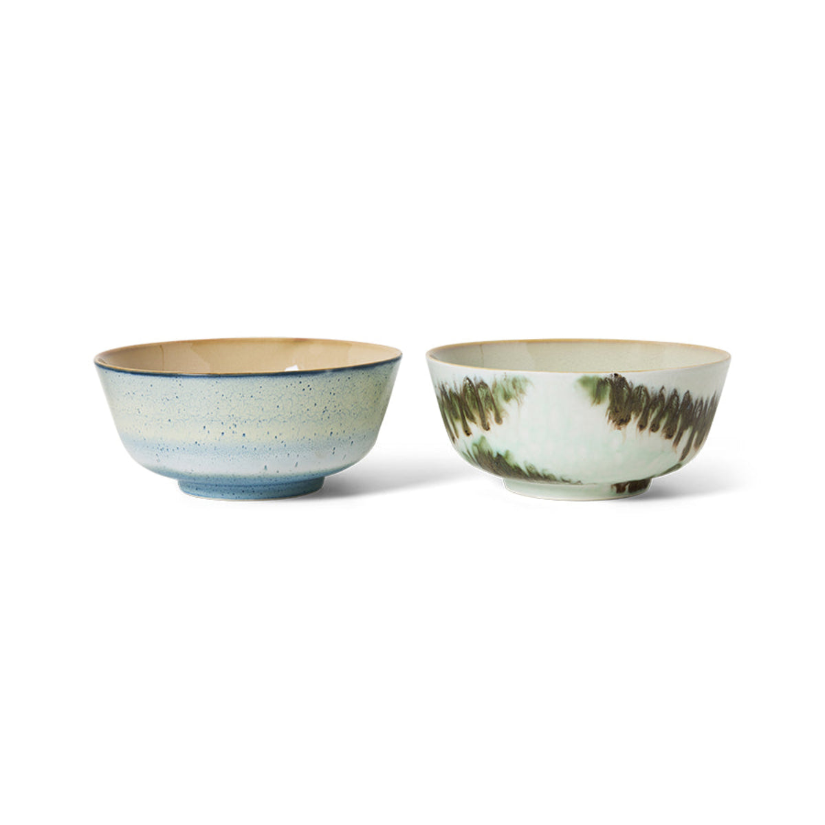 Two green and blue abstract ceramic bowls on a white background.