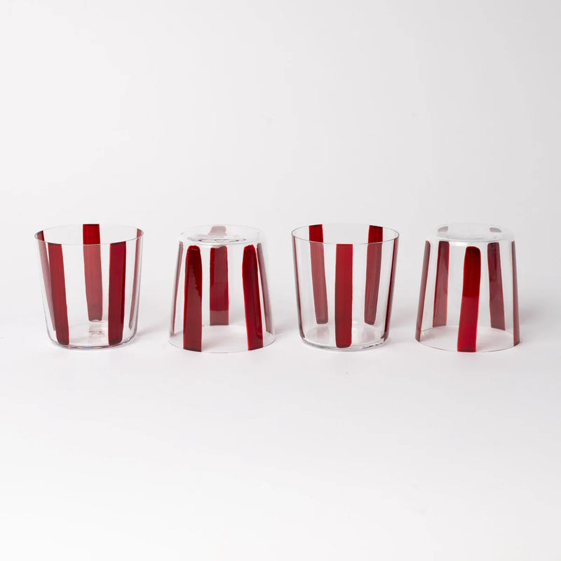Conran Shop set of four real Christal thin transparent tumbler glass cup with some hand painted burgundy stripes, picture of them up and down on white background
