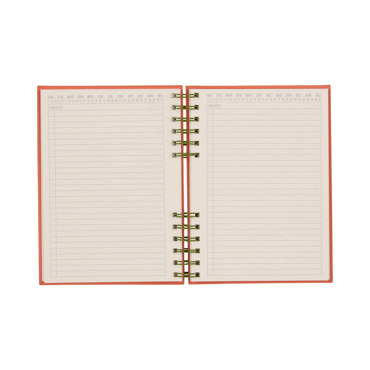 Open red notebook with green spiral binding and lined pages on a white background