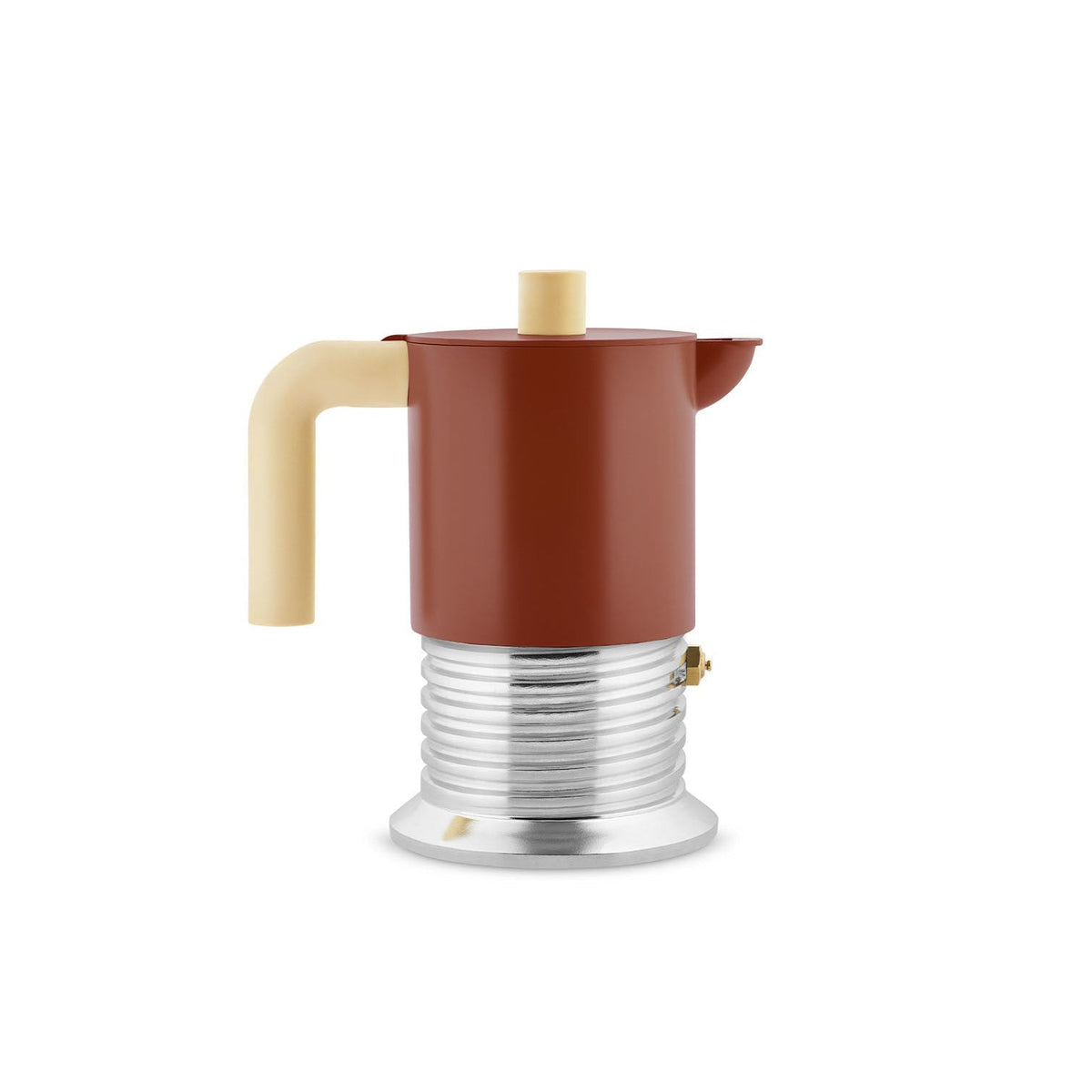 A retro-style espresso maker with a matte terracotta brown body, a cream-colored handle and knob, and a ribbed silver aluminum base, on a white background.