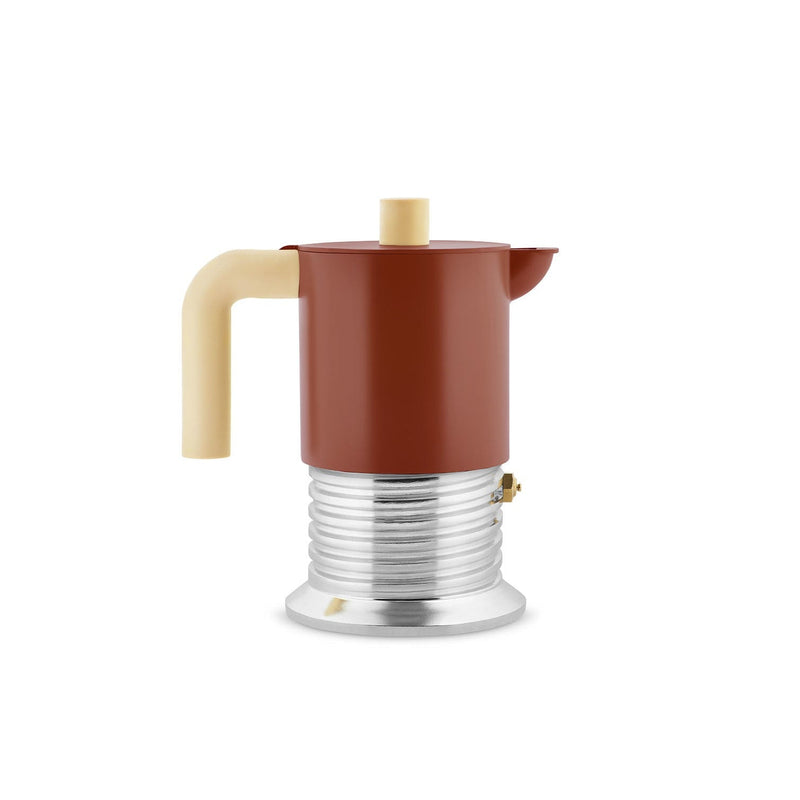 A retro-style espresso maker with a matte terracotta brown body, a cream-colored handle and knob, and a ribbed silver aluminum base, on a white background.