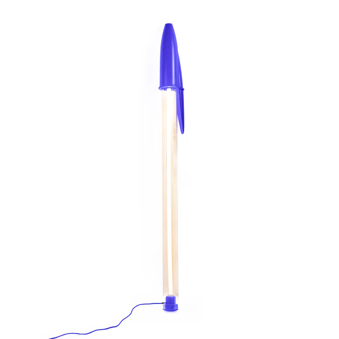 Blue BIC pen lamp on a white background 