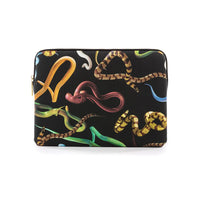 Black laptop bag with colourful snake pattern on a white background