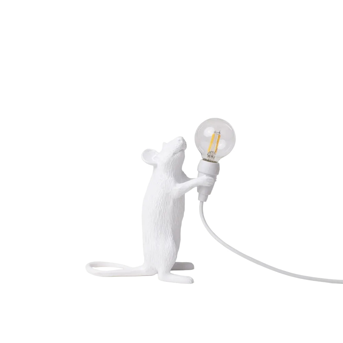 White mouse-shaped lamp holding a light bulb on a white background