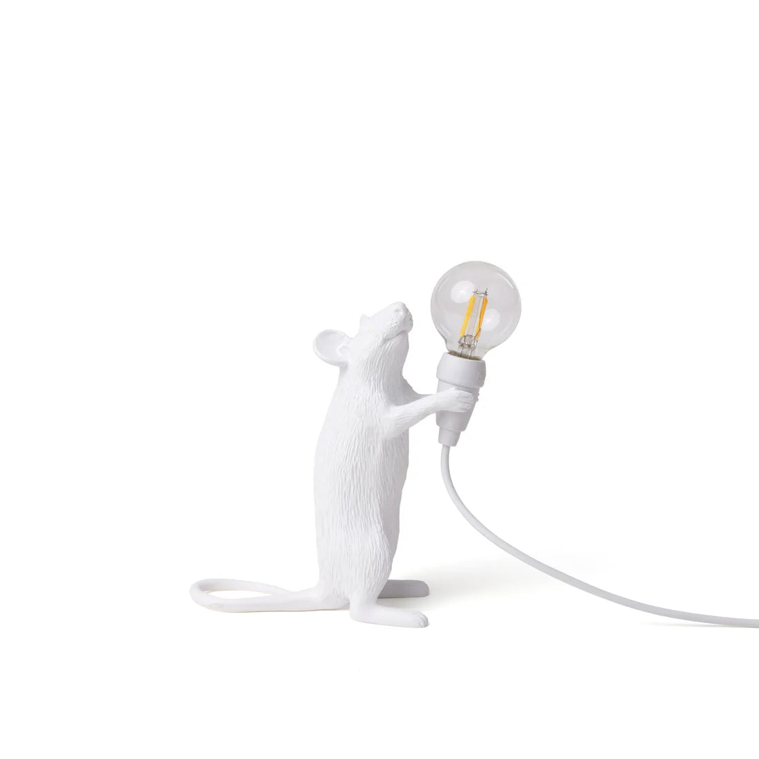 White mouse-shaped lamp holding a light bulb on a white background