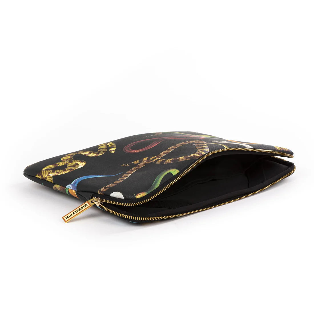 Black laptop bag with colourful snake design and gold zipper on a white background
