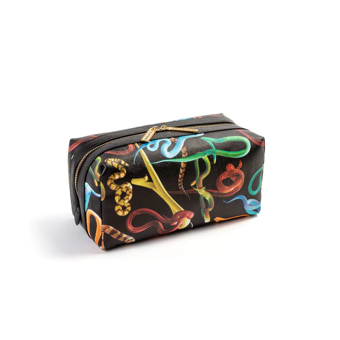 Black washbag with colourful snake design on a white background