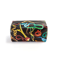 Black washbag with colourful snake pattern on a white background