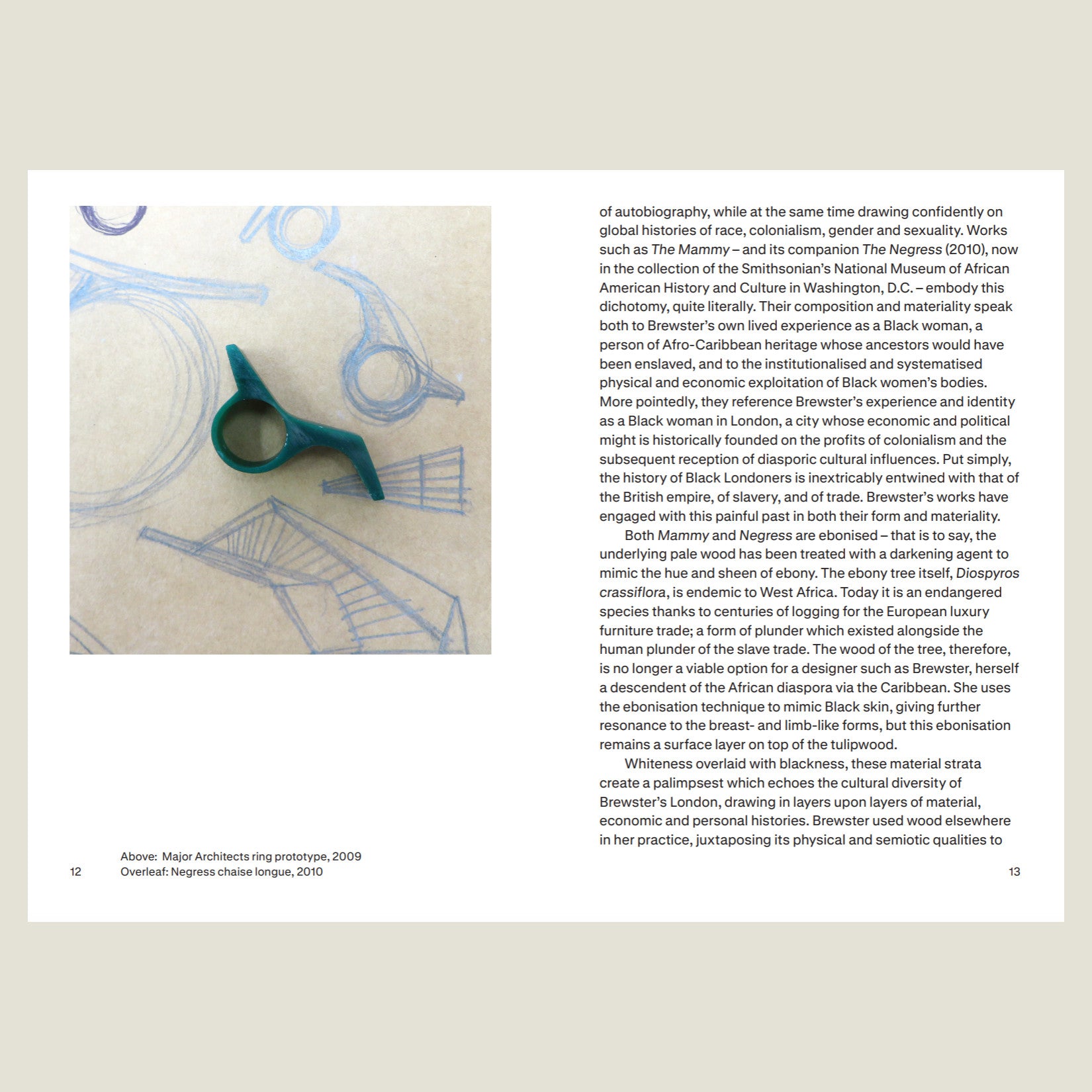 Book page with text and an illustration of a ring prototype on a beige background