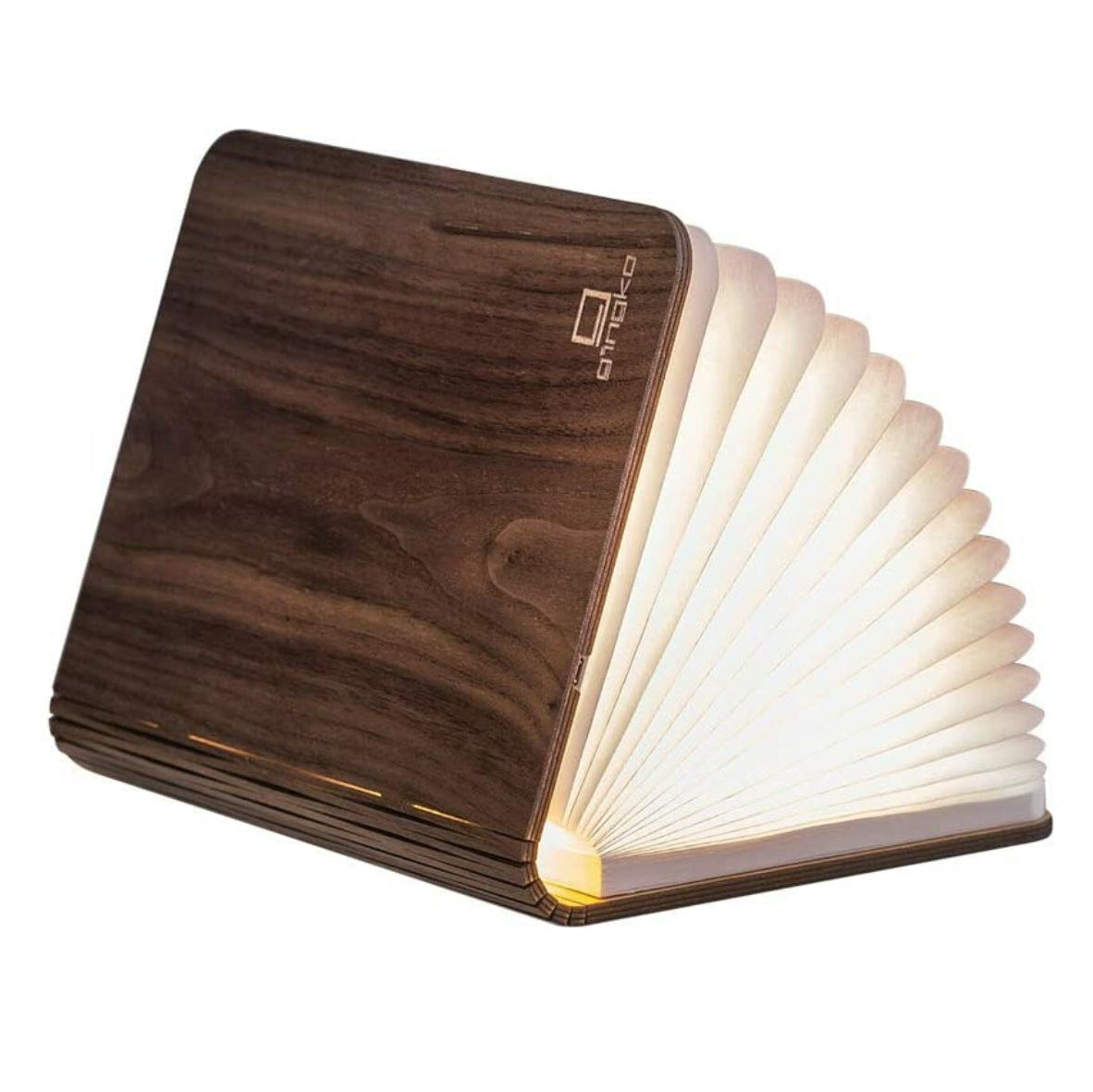 Wooden book-shaped lamp on a white background