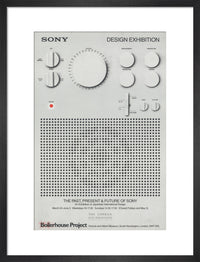 Sony design exhibition poster with minimalistic design of a white speaker in a black frame. 