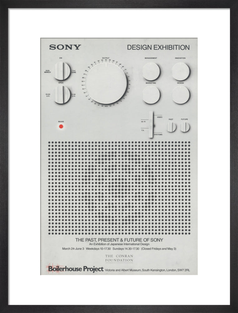 Sony design exhibition poster with minimalistic design of a white speaker in a black frame. 