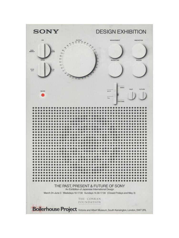 Sony design exhibition poster with minimalistic design of a white speaker.