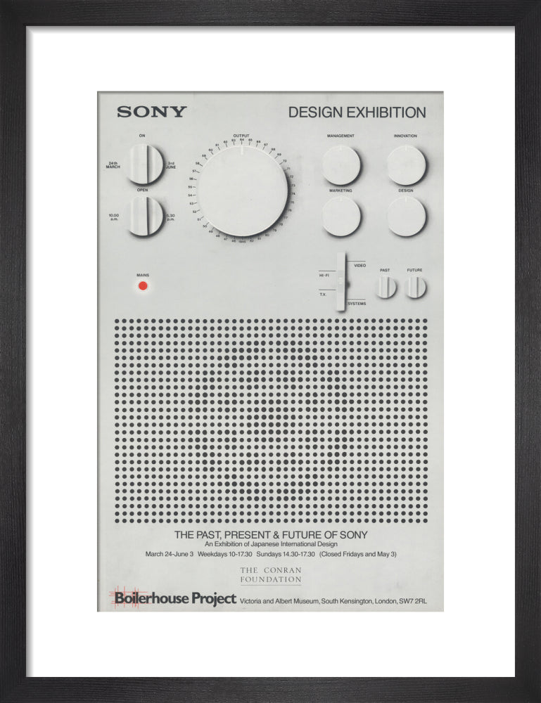 Sony design exhibition poster with minimalistic design of a white speaker in a black frame.