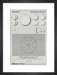Sony design exhibition poster with minimalistic design of a white speaker in a black frame.
