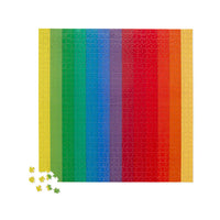 Colorful striped puzzle with a missing piece on a white background