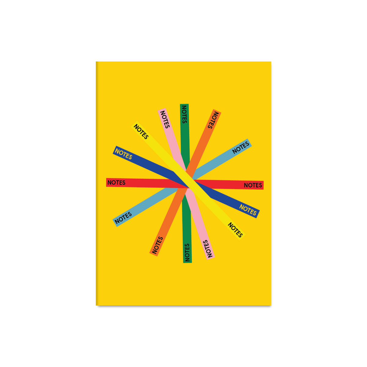 A yellow notebook with a colourful abstract star design on the front.