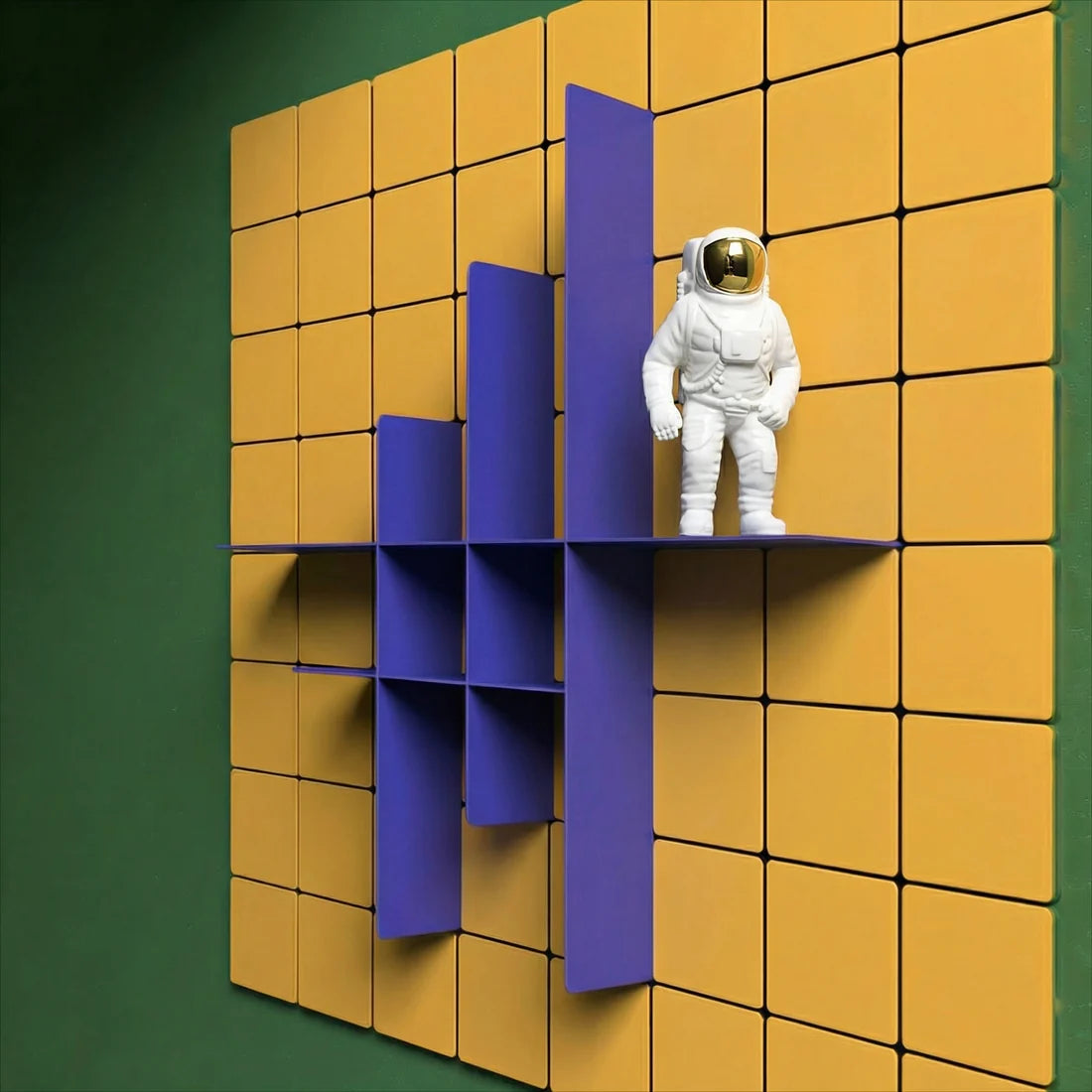 White astronaut vase on a blue shelf against a yellow and green tiled wall