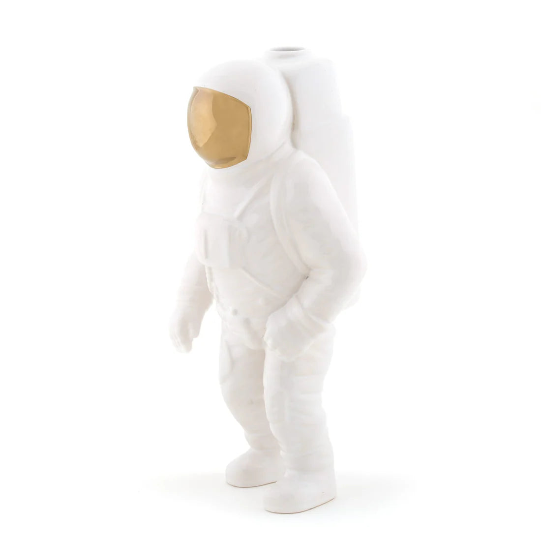 White ceramic astronaut vase with a gold visor on a white background