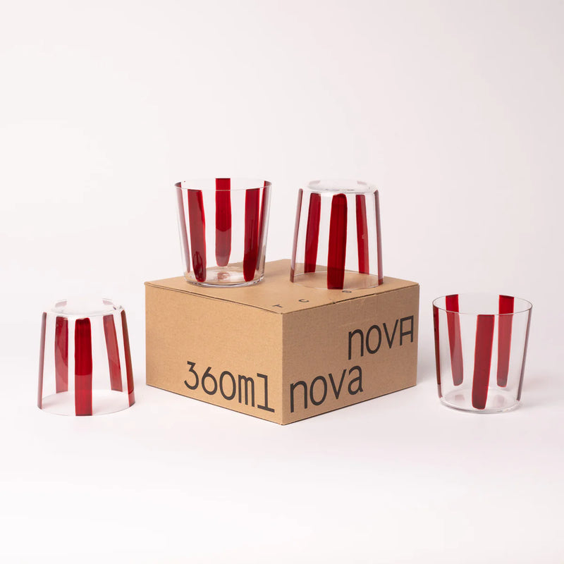 Conran Shop set of four real Christal thin transparent tumbler glass cup with some hand painted burgundy stripes, picture of them up and down next to its box that reads: 360ml nova nova. on white background.