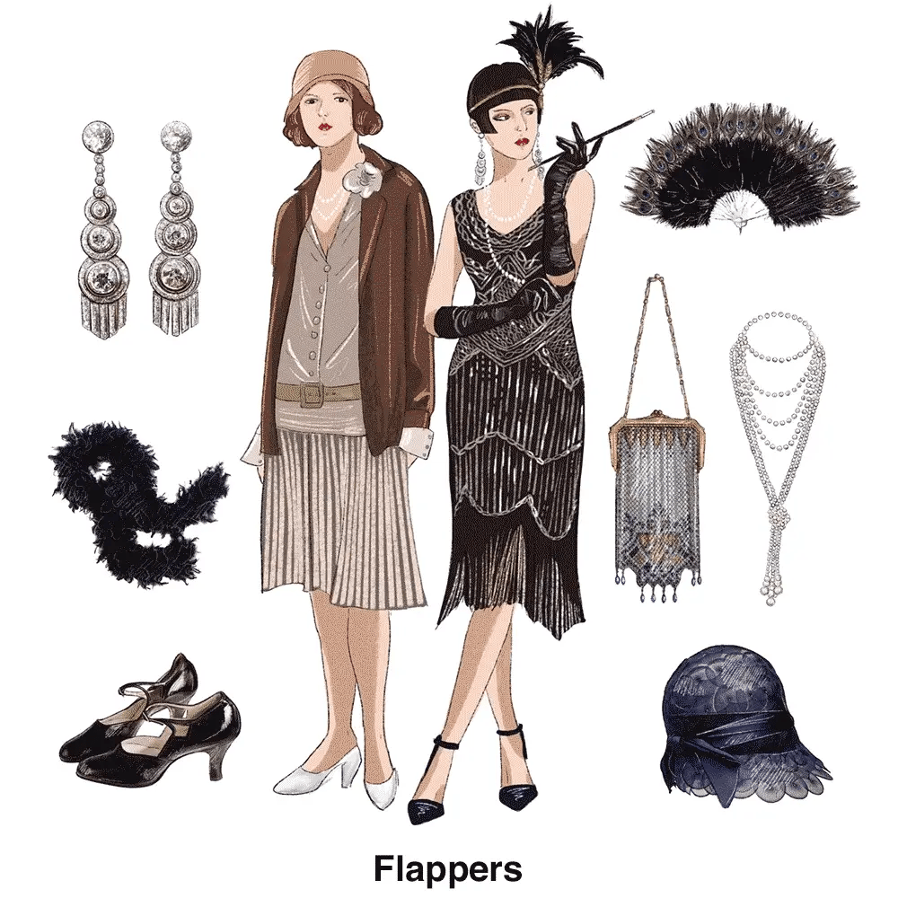 Inside page of Stylepedia featuring an illustration of two people wearing 1920s Flapper outfits and various accessories.