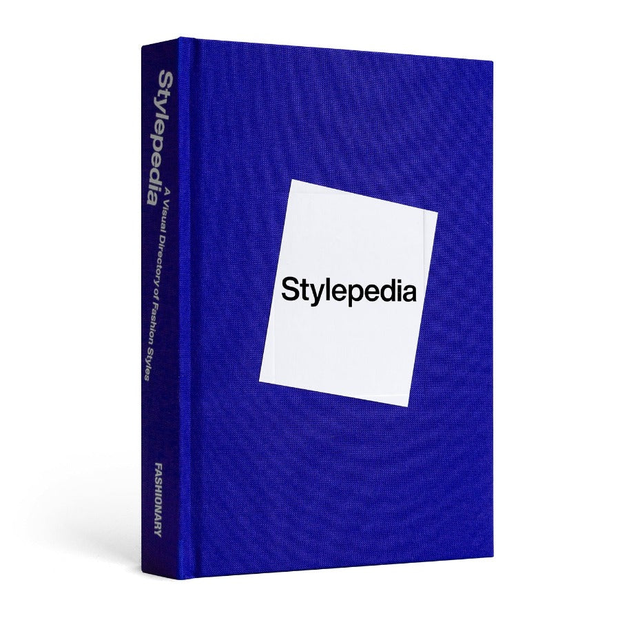 The front cover of 'Stylepedia' featuring the title inside a white tilted square against a dark blue background.
