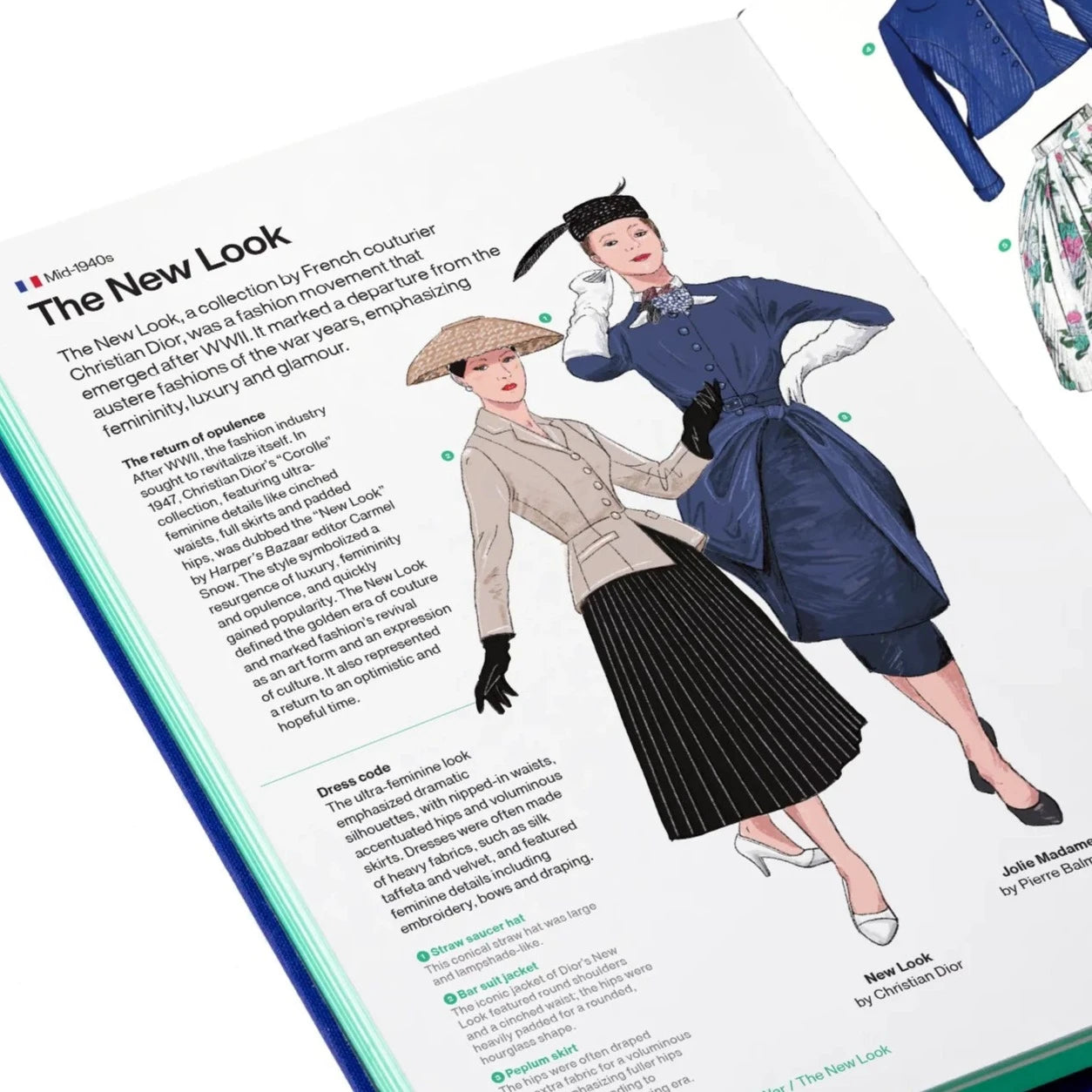 Inside page of Stylepedia featuring an illustration of two people dressed in 1940s New Look movement outfits.