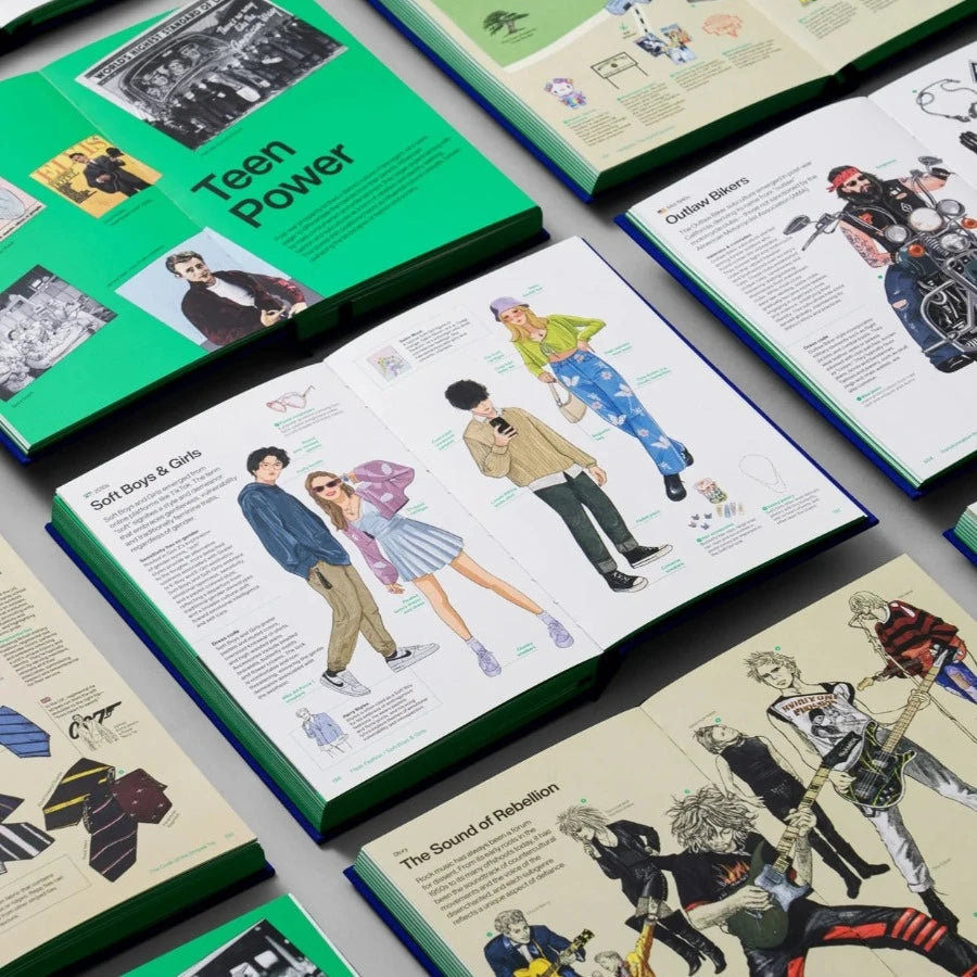 Several copies of Stylepedia open on different pages showing illustrations of different eras of fashion.