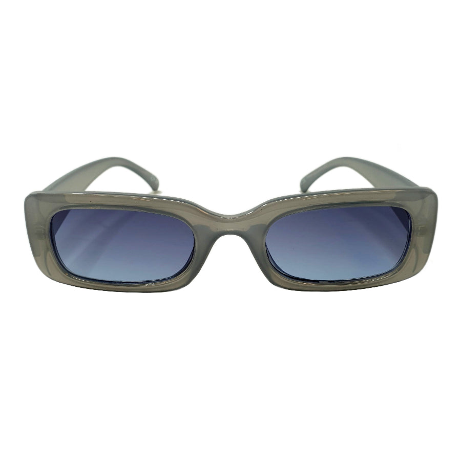 thick frame round sunglasses transparent grey colour with blue lens in white background 