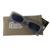 thick frame round sunglasses transparent grey colour with blue lens on its grey pouch in white background - front picture