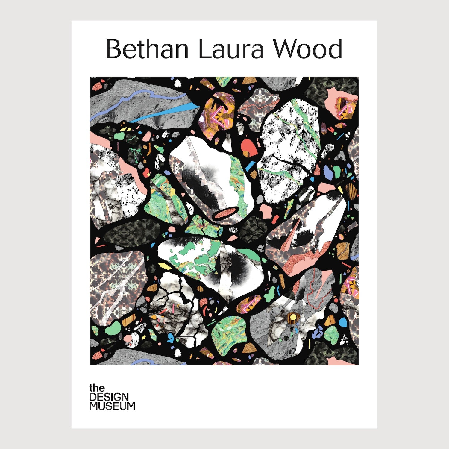 Poster with colorful abstract design and 'Bethan Laura Wood' text on a white background