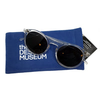 thick frame round sunglasses transparent colour over its pouch in white background - front photo