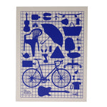 This is an image of a monochrome screen print design made in blue ink on off-white background paper for the design museum reproducing the crowdsourced wall. This print in particular features design classic items such as the Monobloc chair, a Stradivarius violin, havaianas flipflops, fender guitar, slink toy, wine bottle opener, Ikea bag, a 700 vintage push bike, teapot, Taylor scissors, electric drill, mobile phone, umbrella, cutlery, Anglepoise lamp, light bulb, swivel office chair, cradle phone & etc...